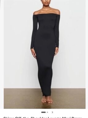 SKIMS Black Off-the-Shoulder Long Sleeve Maxi Dress